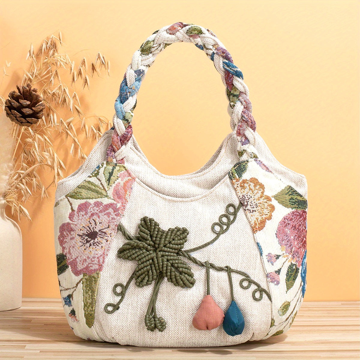 Bohemian Handmade Flower Handbag, Retro Casual Tote Shoulder Bag for Women