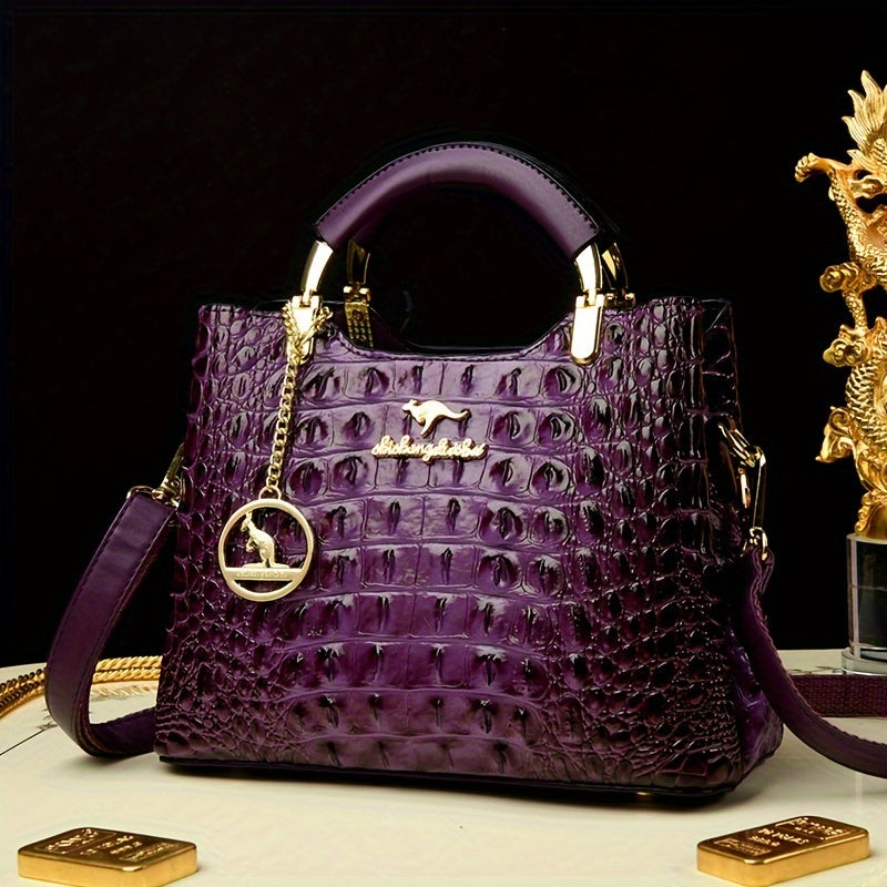 Luxury Green Crocodile Pattern Handbag, Elegant Shoulder Bag with Detachable Strap, Gold Hardware and Exquisite Chain Detail
