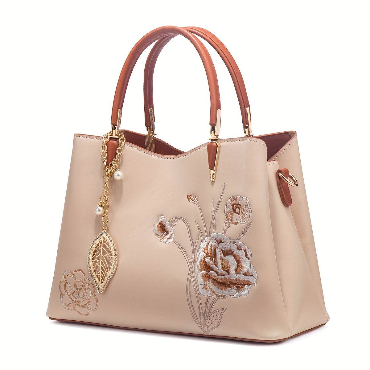Elegant Chinese Floral Embroidered Women Handbag, Apricot Crossbody Tote Bag with Detachable Strap Magnetic Closure, Ideal Mother's Day Gift