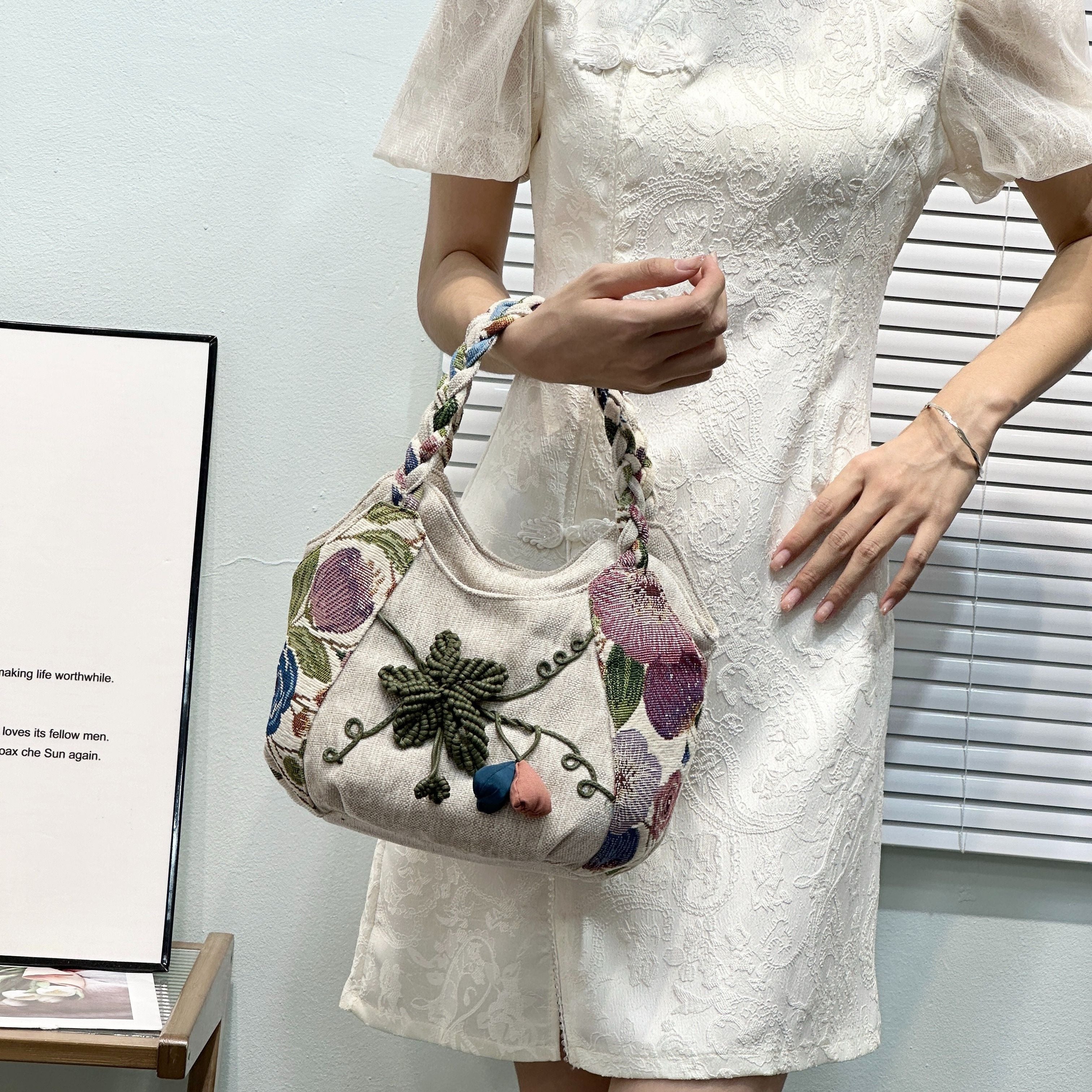 Bohemian Handmade Flower Handbag, Retro Casual Tote Shoulder Bag for Women