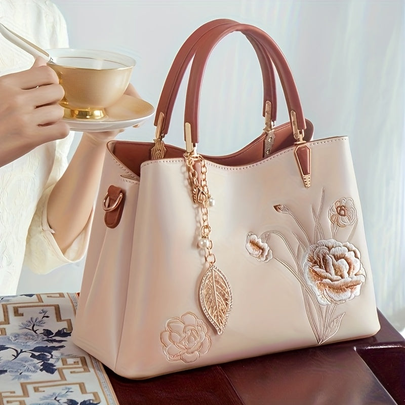 Elegant Chinese Floral Embroidered Women Handbag, Apricot Crossbody Tote Bag with Detachable Strap Magnetic Closure, Ideal Mother's Day Gift