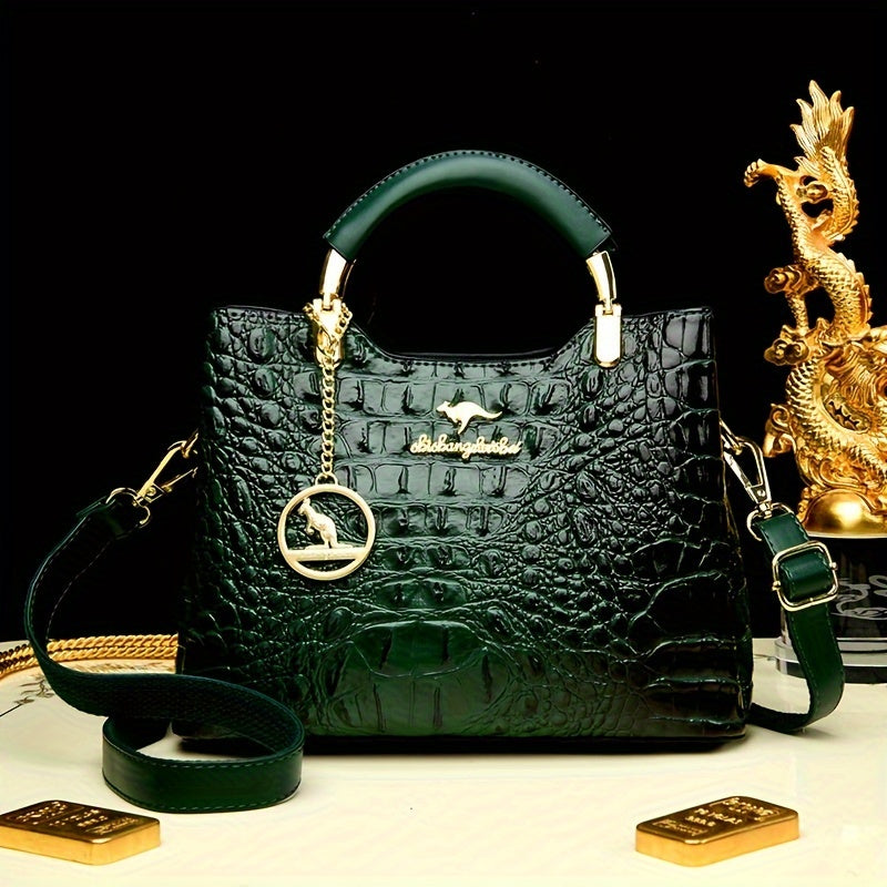 Luxury Green Crocodile Pattern Handbag, Elegant Shoulder Bag with Detachable Strap, Gold Hardware and Exquisite Chain Detail