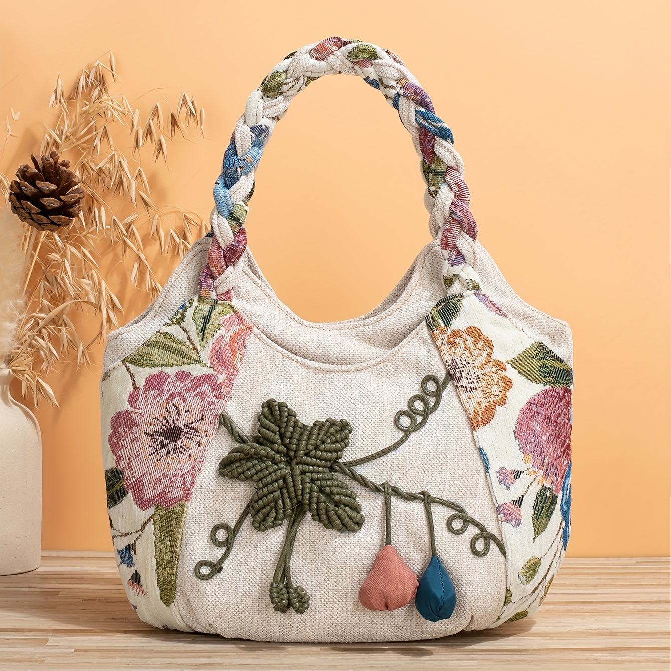 Bohemian Handmade Flower Handbag, Retro Casual Tote Shoulder Bag for Women