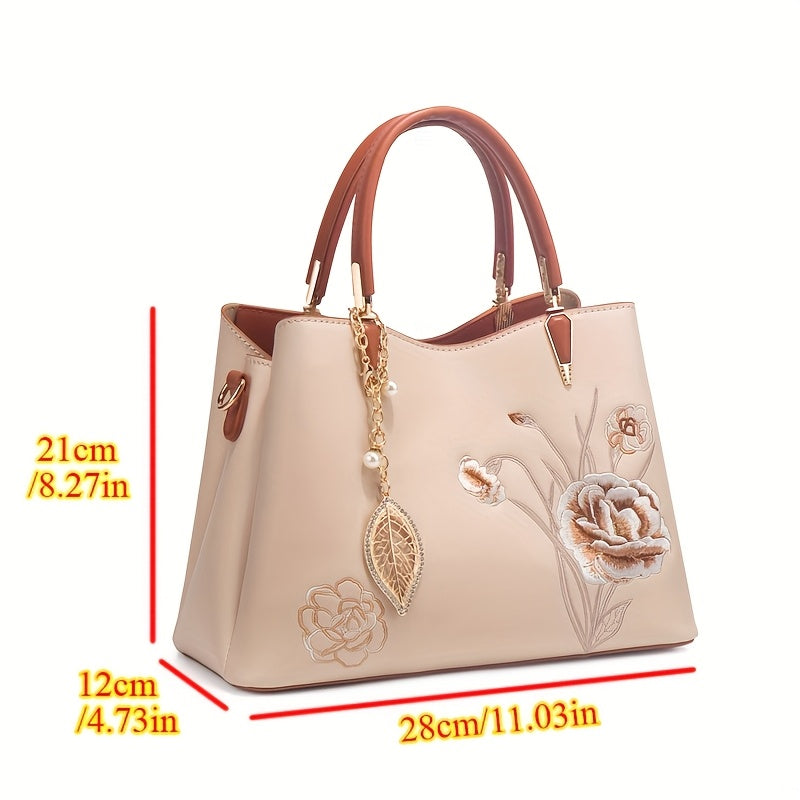 Elegant Chinese Floral Embroidered Women Handbag, Apricot Crossbody Tote Bag with Detachable Strap Magnetic Closure, Ideal Mother's Day Gift