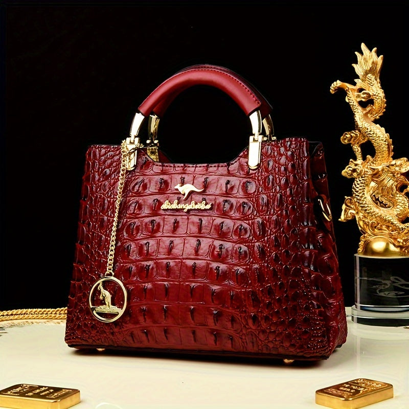Luxury Green Crocodile Pattern Handbag, Elegant Shoulder Bag with Detachable Strap, Gold Hardware and Exquisite Chain Detail