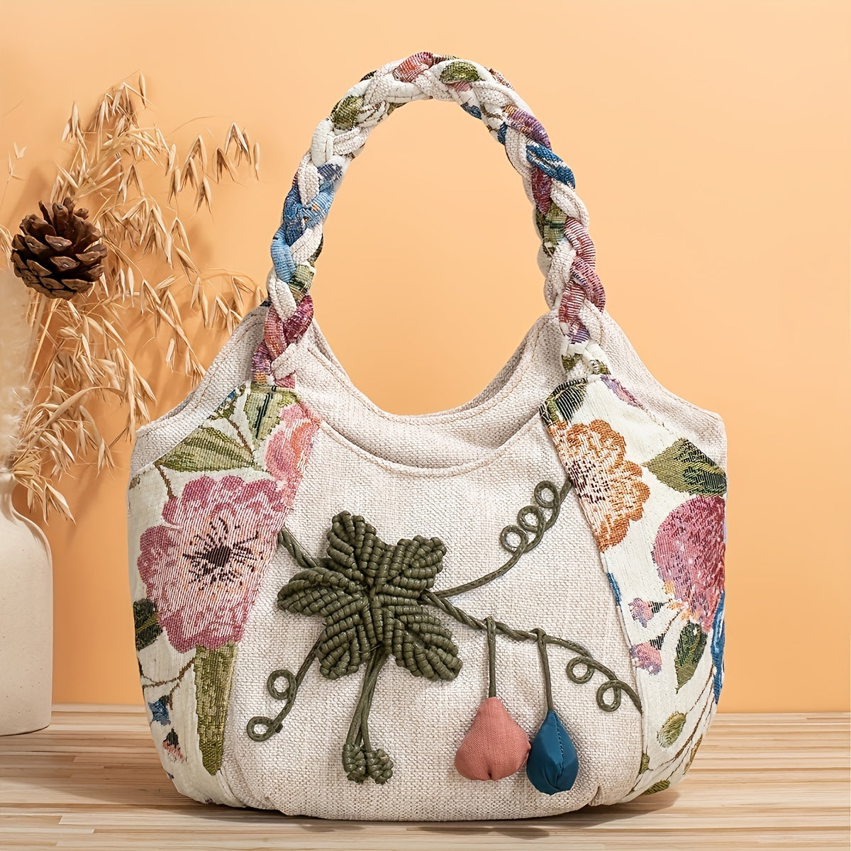 Bohemian Handmade Flower Handbag, Retro Casual Tote Shoulder Bag for Women
