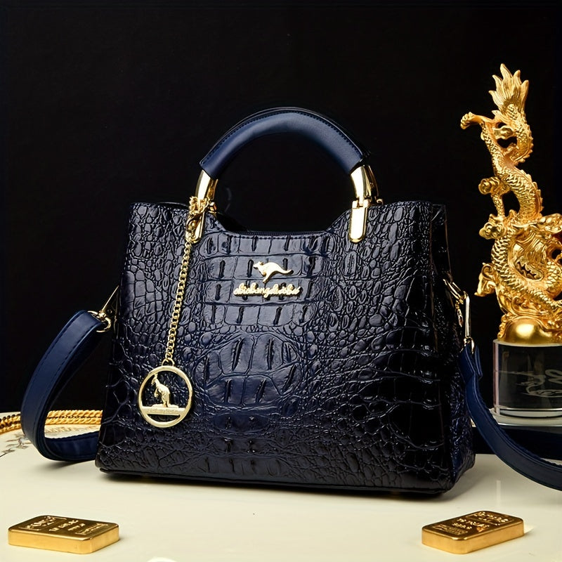 Luxury Green Crocodile Pattern Handbag, Elegant Shoulder Bag with Detachable Strap, Gold Hardware and Exquisite Chain Detail
