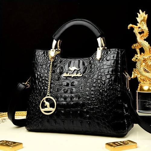 Luxury Green Crocodile Pattern Handbag, Elegant Shoulder Bag with Detachable Strap, Gold Hardware and Exquisite Chain Detail
