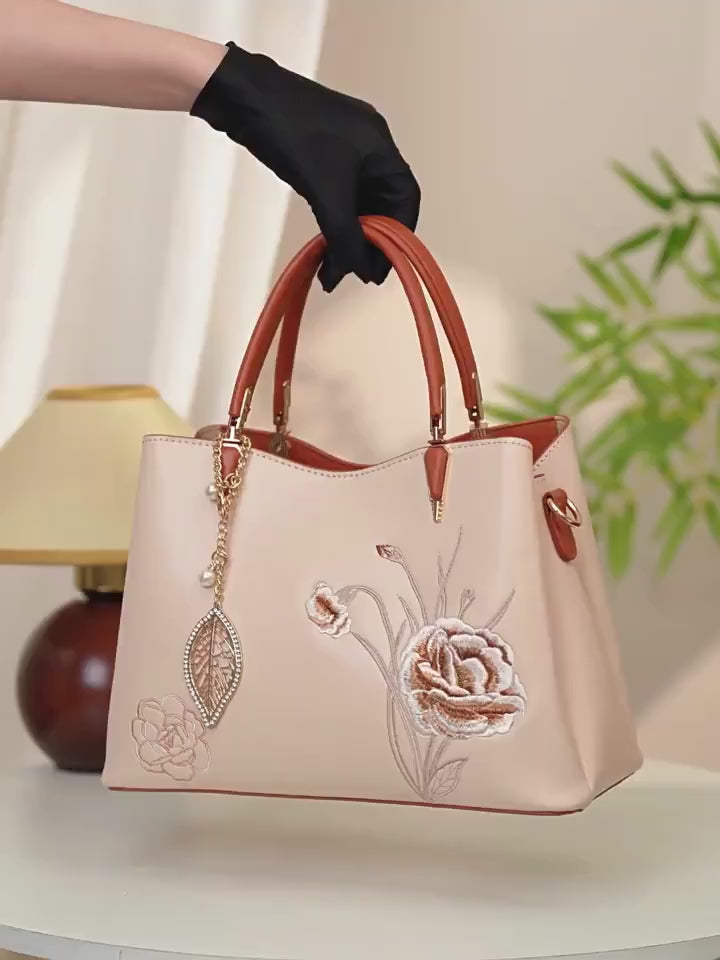 Elegant Chinese Floral Embroidered Women Handbag, Apricot Crossbody Tote Bag with Detachable Strap Magnetic Closure, Ideal Mother's Day Gift