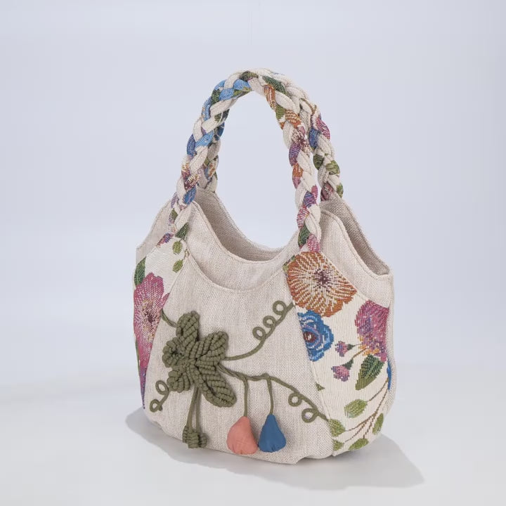 Bohemian Handmade Flower Handbag, Retro Casual Tote Shoulder Bag for Women